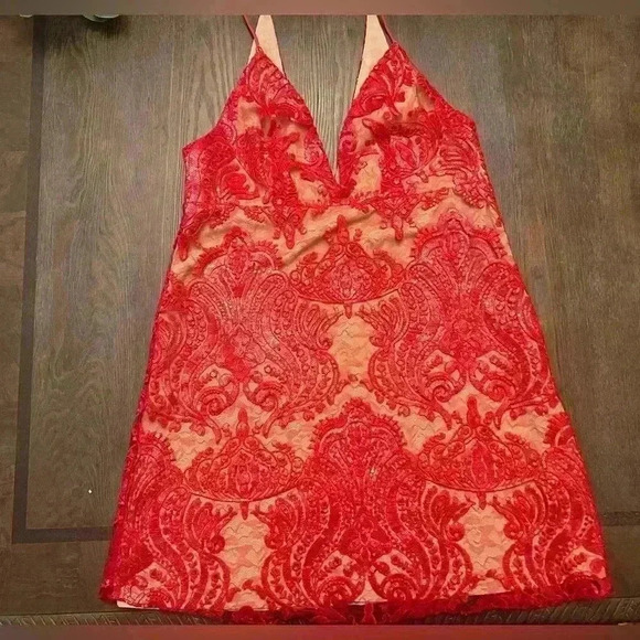 Free People Night Shimmers Lace Sequined Sleeveless V-Neck Mini Dress Size 8 - Picture 3 of 8